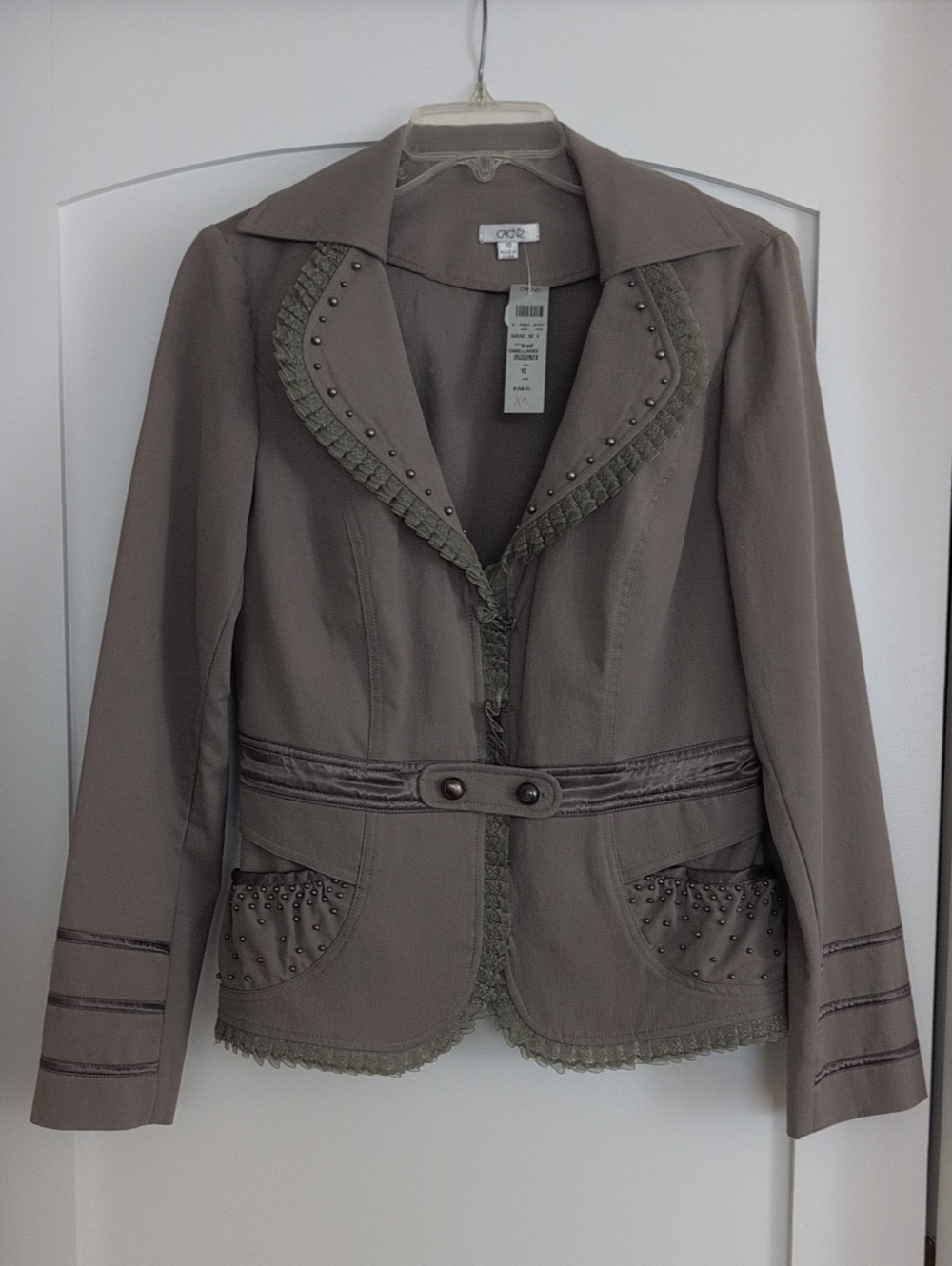 Cache Taupe Olive Braided Trim Studded Women's Blazer